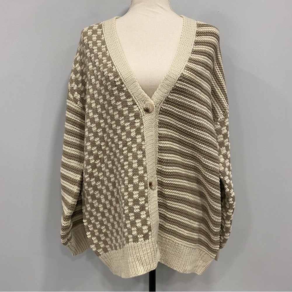 Pink Lily S Time To Waste Beige Checkered Striped Oversized Cardigan Sweater